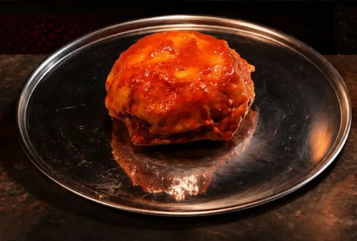 Sosa bulanmış ıslak hamburger, metal tepside